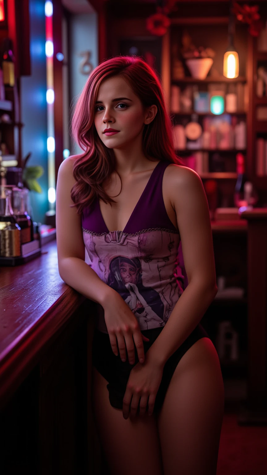 Beautiful emma watson British woman in a pub, velvia, shot on 65mm, 16 megapixels, 8k, photorealistic, amazing depth, glowing rich colors, powerful imagery, psychedelic overtones, 3 d finalrender, 3 d shading, cinematic lighting, artstation concept art