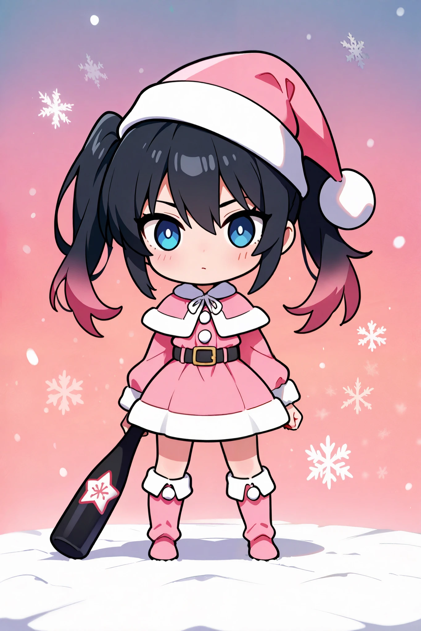  maximum resolution ,  very detailed ,  Best Quality ,precise,  masterpieces , Solo,1 woman, black hair,I have twintails.,Orange gradient hair , blue eyes, black-eyed widow ,Pink Christmas Dress , Pink Santa Claus Hat, holding a baseball bat , white background, snowflake ,chibi body , is anatomically correct, anime images 