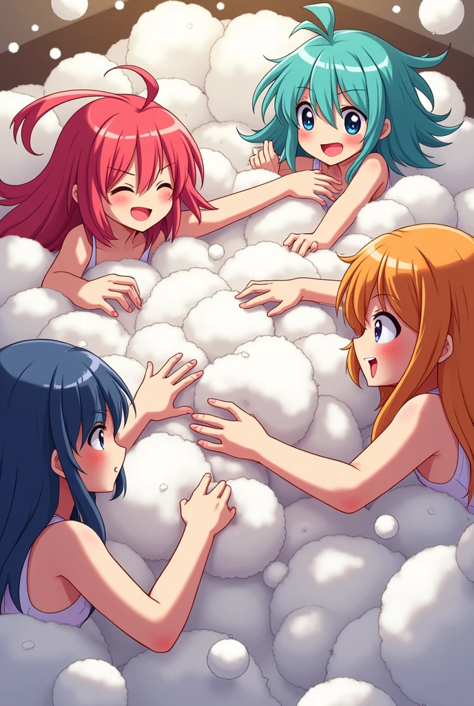 An anime-style art depicting many gals playfully wrestling with each other inside a cotton bed comical fight cloud.
each gal has different colored hair.
their faces,hands,and feet are visible emerging from the cloud as they tussle humorously,  with the rest of their bodies completely hidden inside the cloud.
the art emphasizes the humorous and energetic nature of their scuffle,with a fluffy  and exaggerated fight cloud.