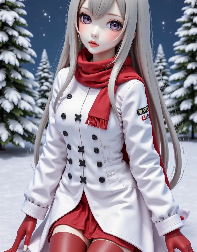 Gothic **** tower cosplay , Cute girl,  vampire、 vampireｍ￥、 white trench coat , Red scarf、Red gloves、masterpiece, ((  long hair )),  long gray hair  ,  very long straight hair, Short bangs, albino  White Skin,  Pale eyes   ,  Narrow shoulders, Moderate chest,  White Skin,  skinny , ((( Outdoor、Cold、 snow 世界、 snow ))), (((at night)))