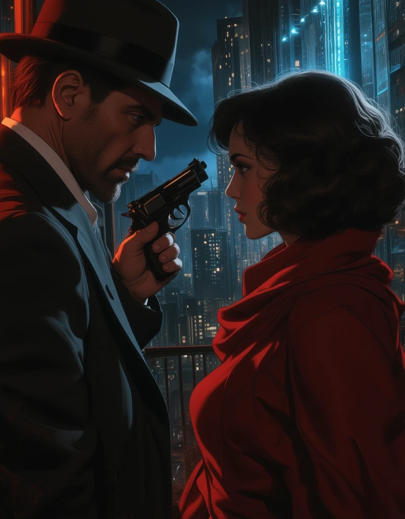 Film Noir, Pulp Fiction, Trapped Detective Story Magazine,  (A hard-boiled man holding a gun, Mysterious woman with a red scarf around her neck), (modern big city), (high contrast and emphasized shadows, Stylish and gloomy visual expression), (crime, suspense), The painting depicts an urban scene of American society, a sarcastic male protagonist, and the enigmatic female characters (femme fatales) that appear around him. Ambient Lighting, Pixel, ArsMovieStill, 50s Noir Movie Still, egmid