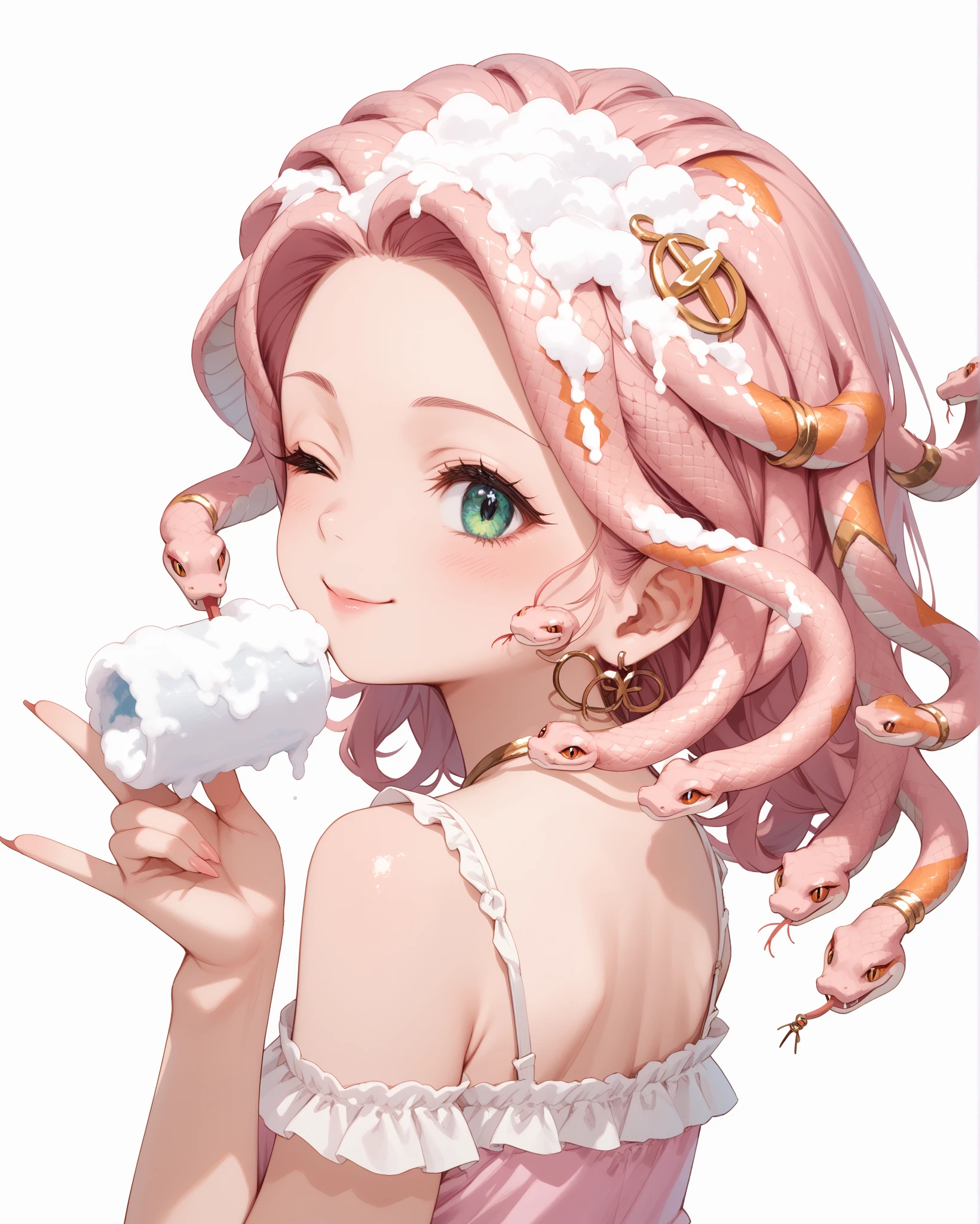 Japanese anime style illustration, kawaii,, 
snake hair,  white form on head, jewelry, cute girl smiling, wink, pastel pink camisole, head of hair all numerous snakes, from side, looking back at viewer, 
washing snake-hair with a lot of foam, spread fingers, hands on snake-hair, finger in snake-hair, (rich lather, Lots of shampoo foam, snakes covered in foam, snakes with pained face) ,close-up, simple Background,