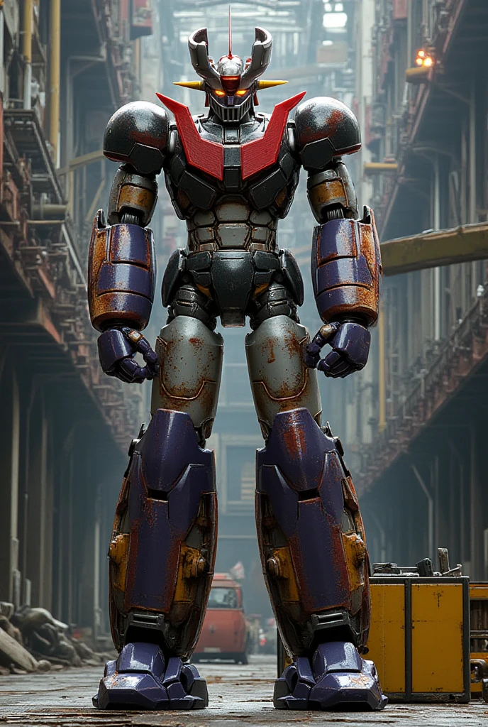   A very realistic version of the Mazinger Z being charged  , Fighting pose at a height of 138 meters ahead  .   Constructed of modern materials such as steel  ,   Carbon Fiber  ,   Other industrial elements are also visible  ,   just like the real thing  , Beautiful appearance, bolt,   realistic texture  , The cleaned exterior 、 shows some signs of wear  .   The latest electronic components that emit light Iconic features such as the chest plate and head、 has been carefully reproduced .   It is set in an industrial environment at a modern giant facility repair shop  ,   it looks like the Mazinger Z is standing around during maintenance  ,   are illuminated by natural light  、  A huge structure highlighted by realistic shadows  . 