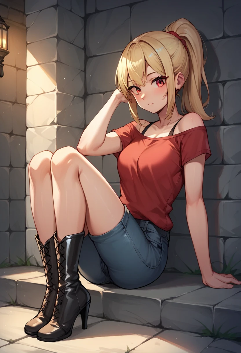 score_9, score_8_up, score_7_up, score_6_up, score_5_up, score_4_up, source_anime, 1girl,s, teenager, sit, blonde hair, ponytail, red eyes, hair, red shirt, jeans shorts,black high boots, heels ,evening, dungeon, best quality, best res, 4K UHD, 
 