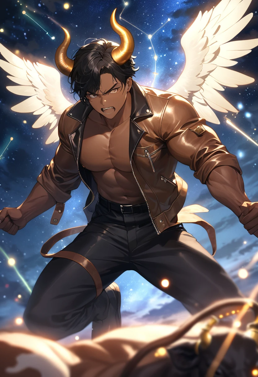 score_9, score_8_up, score_7_up, score_6_up, perfect anatomy, perfect proportions, best quality, masterpiece, high_resolution, high quality, aesthetic, absurdres, (male focus), solo male, adult, mature, masculine, manly, handsome, charming, alluring, cowboy shot, dutch angle, source_game \(Tokyo Afterschool Summoners\), source_game \(housamo\), official style \(Tokyo Afterschool Summoners\), official style \(housamo\), by naop, Zabaniyya \(Tokyo Afterschool Summoners\), TASZabaniyya, gold eyes, black hair, short hair, facial hair, stubble, TASZabaniyya_outfit02, glowing halo, black bodysuit, bodysuit with golden accent, black sleeves, hip vent, black leggings,  holds a small fire in one hand, powerful, confident, calm expression, dark background, firg wings, night, low angle, from below, look down, embers, epic