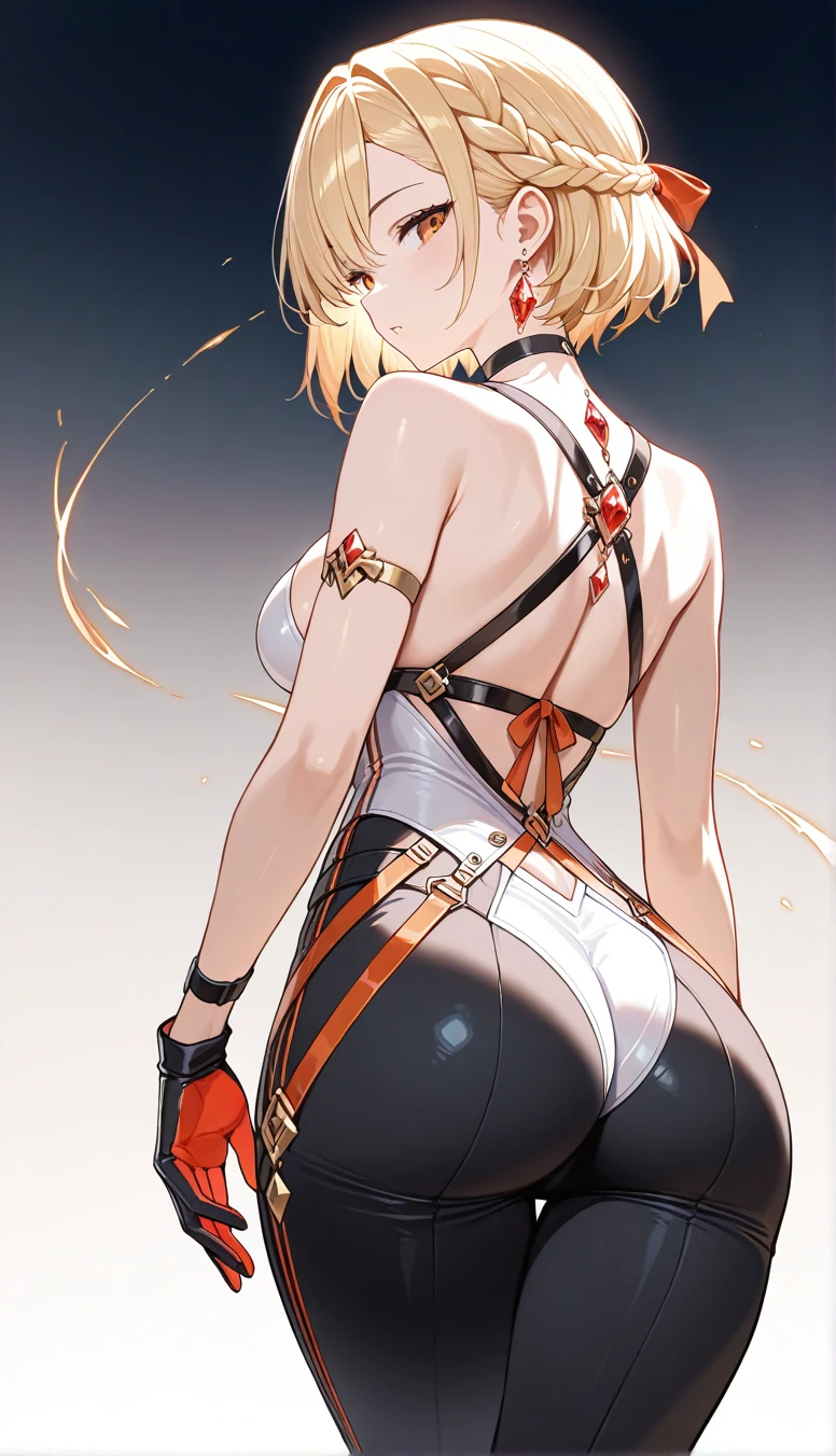 1girl, earrings, blonde, short hair, looking back, side braid, gloves, back, jewel, from behind, gradient background, simple background, french braid, ribbon, sleeveles, orange eyes, red gloves, black gloves, multicolored gloves,white clothes,black pants,breast, thighs, looking at viewer, parted lips, choker, straps,masterpiece, best quality, amazing quality