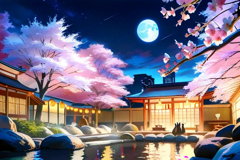 (( top quality )), ((Masterful Oil Painting , Japanese Scenery ,city,cherry blossoms,Night Sky,moon, Cats Bigger Than People, in Traditional Hot spring)),