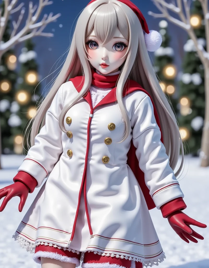 Gothic **** tower cosplay , Cute girl,  vampire、 vampireｍ￥、 white trench coat , Red scarf、Red gloves、masterpiece, ((  long hair )),  long gray hair  ,  very long straight hair, Short bangs, albino  White Skin,  Pale eyes   ,  Narrow shoulders, Moderate chest,  White Skin,  skinny , ((( Outdoor、Cold、 snow 世界、 snow ))), (((at night)))