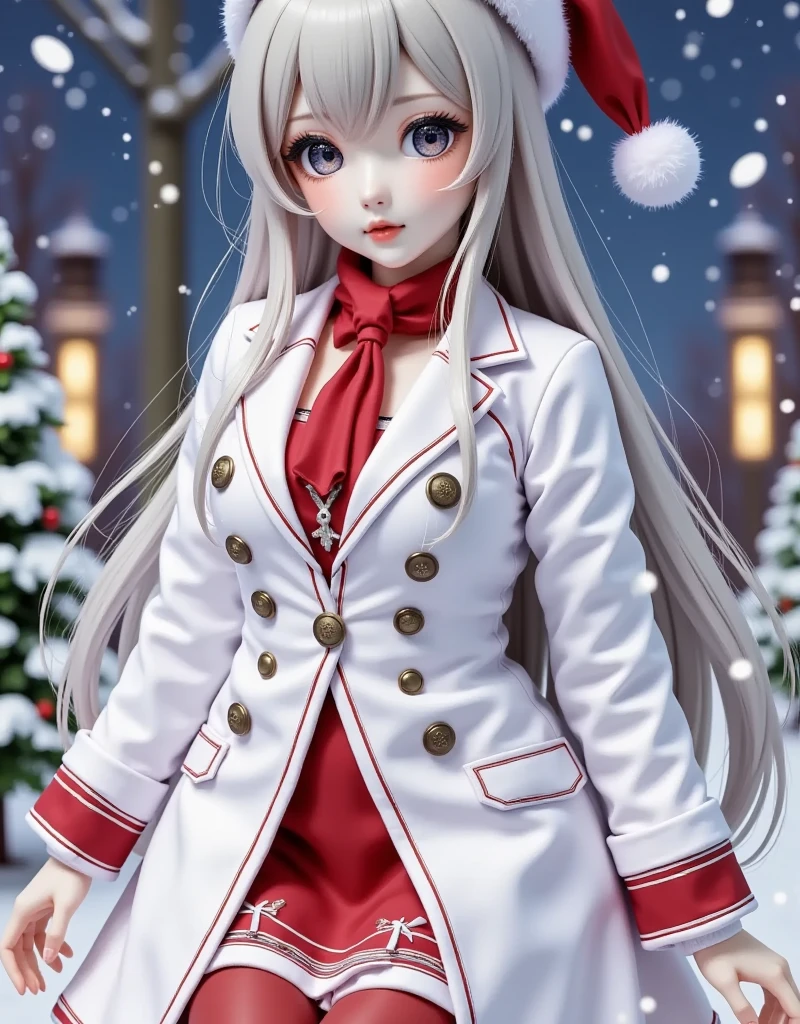 Gothic **** tower cosplay , Cute girl,  vampire、 vampireｍ￥、 white trench coat , Red scarf、Red gloves、masterpiece, ((  long hair )),  long gray hair  ,  very long straight hair, Short bangs, albino  White Skin,  Pale eyes   ,  Narrow shoulders, Moderate chest,  White Skin,  skinny , ((( Outdoor、Cold、 snow 世界、 snow ))), (((at night)))