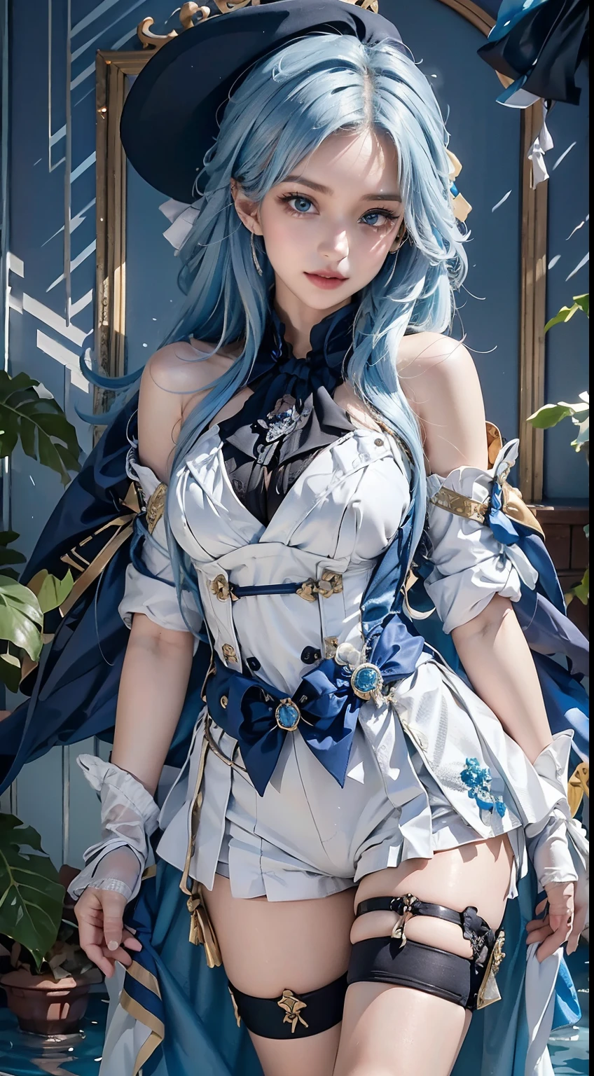 photography awards, masterpiece, blue hair, blue eyes, photorealistic, high resolution, soft light, brooch, waist bow, short shorts, blue suit, multicolored hair, white gloves, black gloves, white shirt, open clothes, water, underwater, ocean, single skirt hem, thigh strap, hat