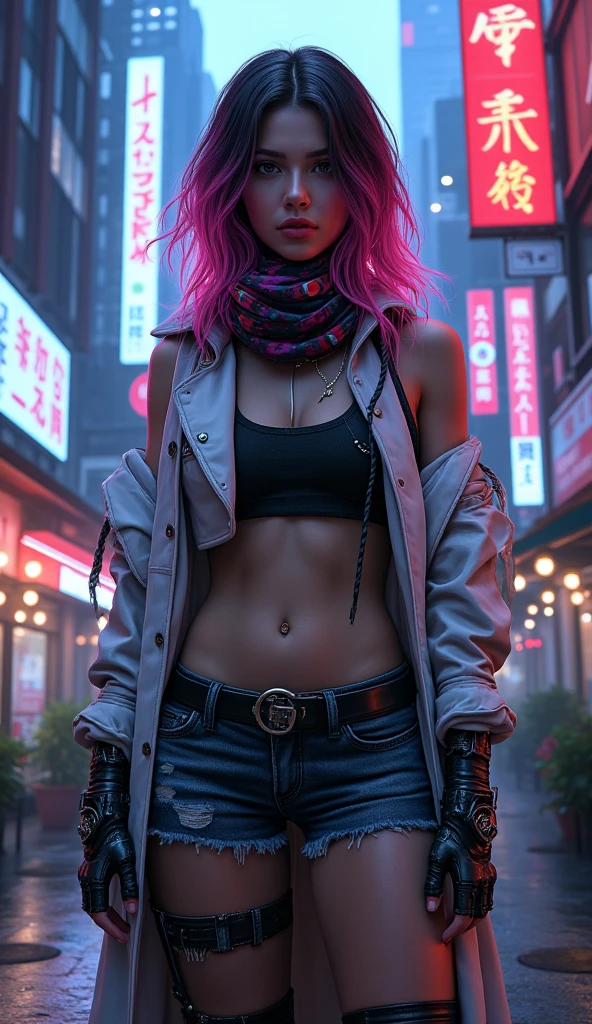 A girl walking towards the camera in a city street at night, with just a tight jeans, a ALL star shoes and a leather jacket open until the belly, no shirt. The girl have a long black hair with pink on the tips of the hair, have blue eyes and a serious and misterious expression of the face. The girl is full body on the image and the background is a little out of focus. Use MeinaUnreal. 3d rendering style.