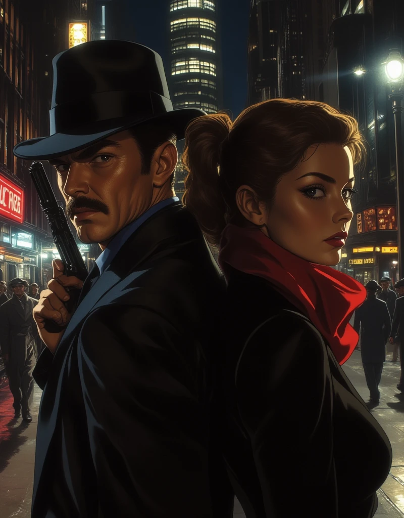 Film Noir, Pulp Fiction, Trapped Detective Story Magazine,  (A hard-boiled man holding a gun, Mysterious woman with a red scarf around her neck, back-to-back), (modern big city), (high contrast and emphasized shadows, Stylish and gloomy visual expression), (crime, suspense), The painting depicts an urban scene of American society, a sarcastic male protagonist, and the enigmatic female characters (femme fatales) that appear around him. Ambient Lighting, Pixel, ArsMovieStill, 50s Noir Movie Still, egmid