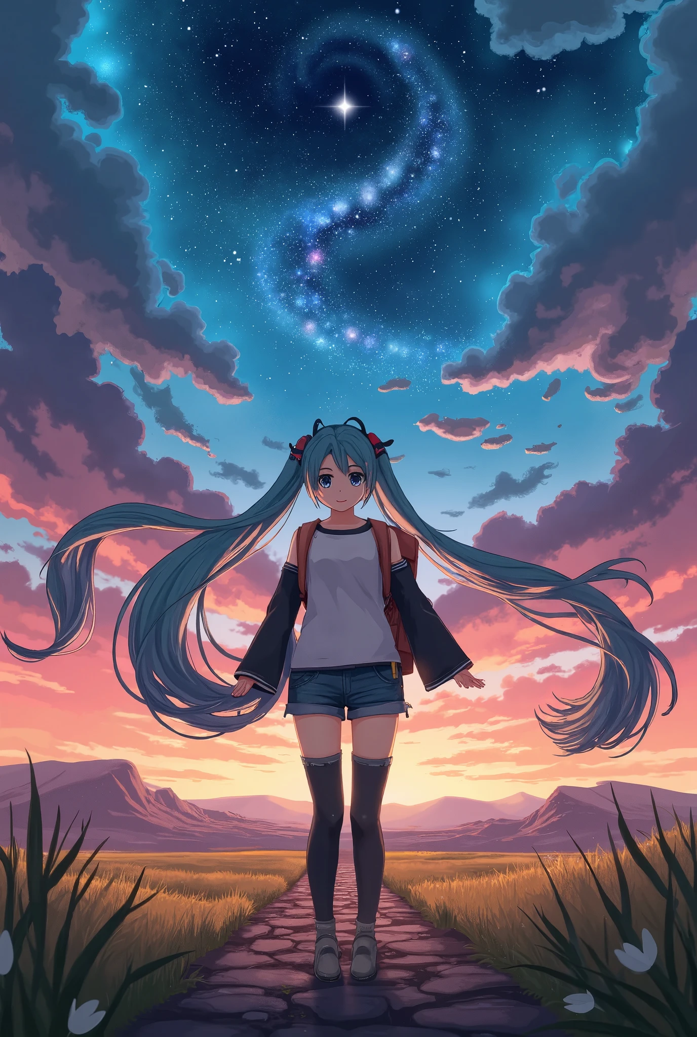 (masterpiece、 top quality 、 top quality 、 Official Art、 beautiful beautiful:1.2)、(1 person:1.3) Hatsune Miku 、 twin tails, Beautiful breasts ,  cute girl,( beautiful and spectacular skyline, Majestic Sky), (Extremely tense and dramatic photos , Moving visual effects), ( North Star hanging high , Colorful natural light), (1 personの女の子), (Long sleeve top,  DENIM SHORTS,  carry a backpack), ( dynamic pose:1.3,  dark eyes, Kurohime Cut, Shining Girl)[:0.8], ( Vast Prairie ), ( Approaching Breeze ), (  Brown Hair Photorealistic Movie Stills and Background Adjustment Effects: 1.2), ( close-up shot ,  long shot mix and match)[::0.9]