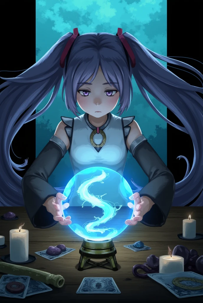 (masterpiece、 top quality 、 top quality 、 Official Art、 beautiful beautiful:1.2)、(1 person:1.3) Hatsune Miku 、 twin tails, Beautiful breasts ,  cute girl,d4rkc0mic .   an enigmatic fortune teller in a dim room  ,  her hands are crystal balls  .  her eyes are intense ,   she looks into the swirling fog in the glass  .   The table in front of her is littered with tarot cards,  candle, And a strange relic ,   and fills 、 she creates an atmosphere full of mystery  
  