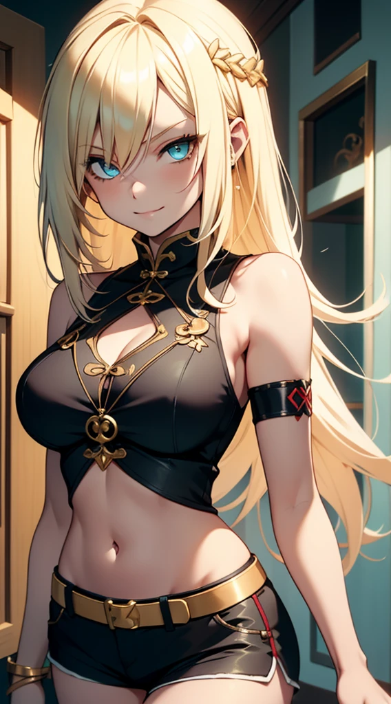 young girl, longue blonde hair, Cyan eyes, Tatoo, smirk, Red Chinese Top, Sleeveless, neckline on the chest, open breasts, Gold Elements, Shorts, tmasterpiece, hiquality