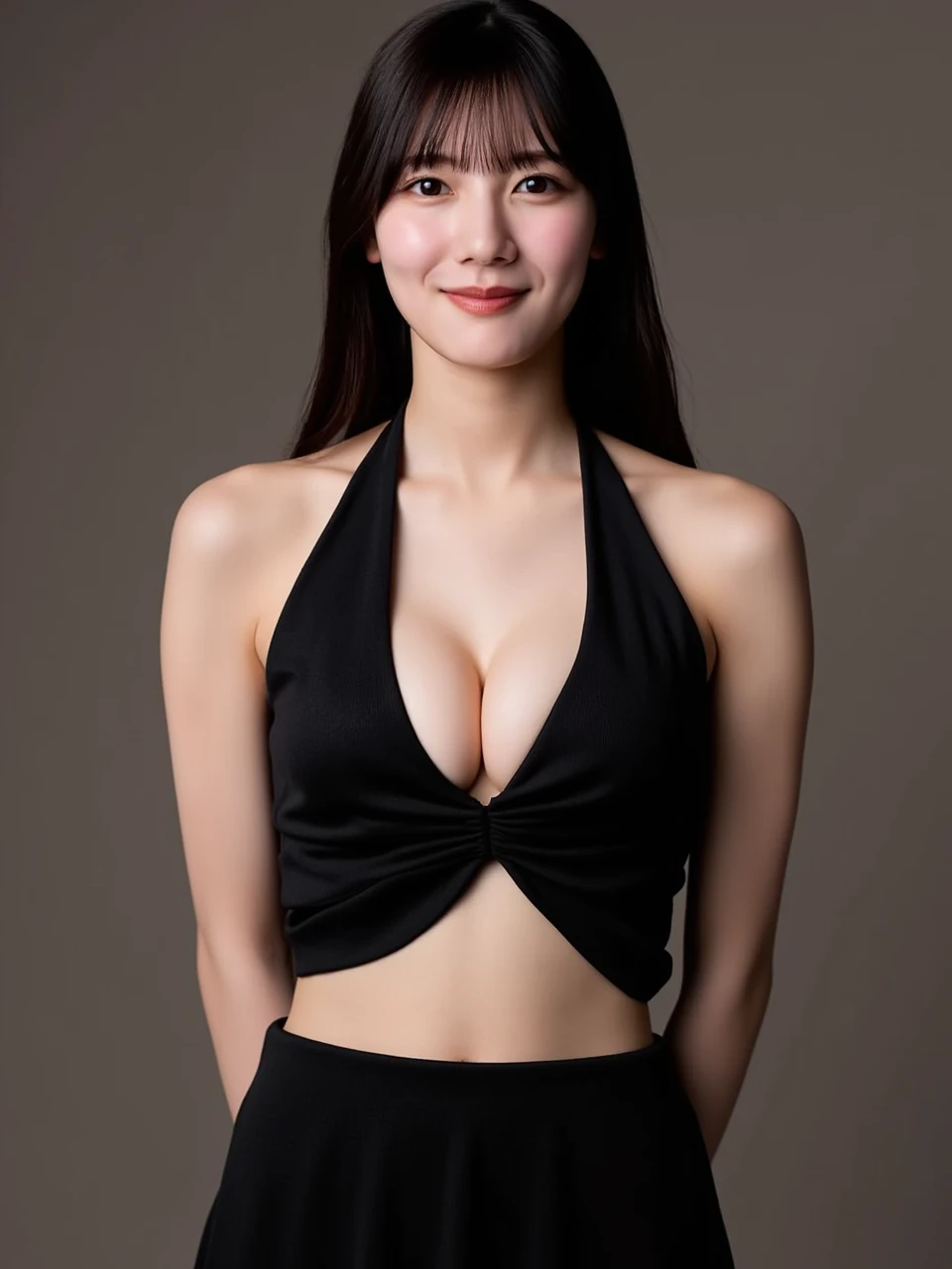 ((( High resolution,super detailed, Masterpiece , very detailed,realistic,real person,Ultra detailed skin))) ,simple background, from front, medium shot, (upper body), looking at viewer , light smile, ,(standing), black hair, medium hair, medium breasts, cleavage,evening dress, deep slit,(cleavage cutout), arms behind back