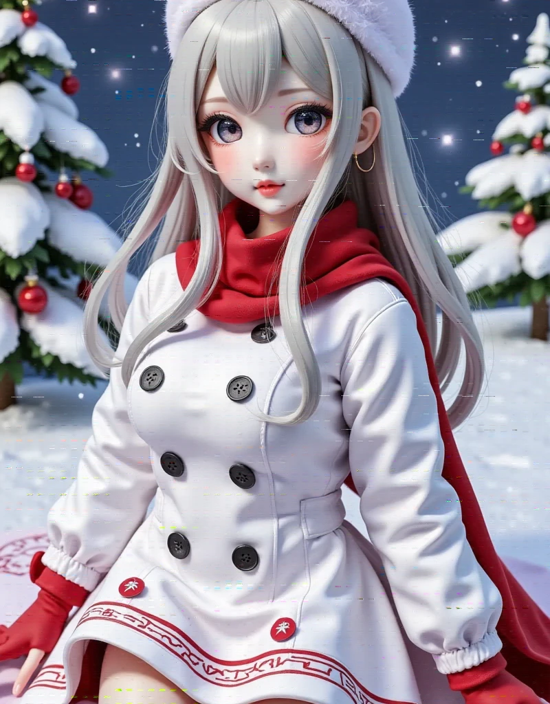 vibrant, Gothic **** tower cosplay , Cute girl,  vampire、 vampireｍ￥、 white trench coat , Red scarf、Red gloves、masterpiece, ((  long hair )),  long gray hair  ,  very long straight hair, Short bangs, albino  White Skin,  Pale eyes   ,  Narrow shoulders, Moderate chest,  White Skin,  skinny , ((( Outdoor、Cold、 snow 世界、 snow ))), (((at night)))