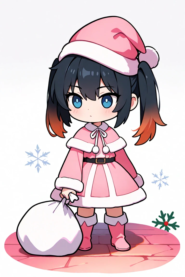  maximum resolution ,  very detailed ,  Best Quality ,precise,  masterpieces , Solo,1 woman, black hair,I have twintails.,Orange gradient hair ,, bangs, graying hair to orange, blue eyes, black-eyed widow ,Pink Christmas Dress ,, a pink Santa Claus hat, ,Holding a white bag , white background, snowflake ,chibi body , anatomically correct, anime images 