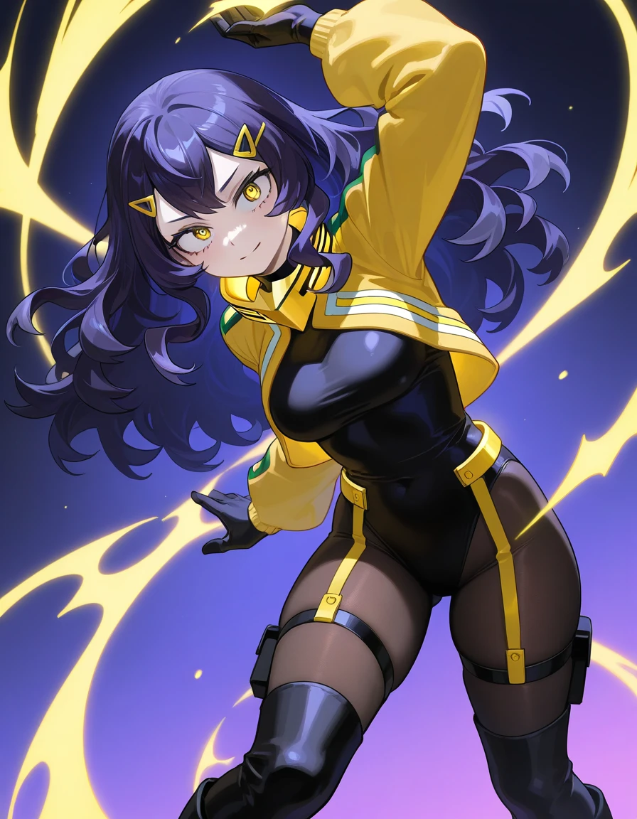 BREAK looking at viewer,BREAK (masterpiece:1.2), best quality, high resolution, unity 8k wallpaper, (illustration:0.8), (beautiful detailed eyes:1.6), extremely detailed face, perfect lighting, extremely detailed CG, (perfect hands, perfect anatomy),yoruichi shihouin, long hair, (yellow eyes:1.5),city,in street,night,lights,wet road,reflections,ponytail, purple hair, dark skin, dark-skinned female,
bodysuit, black bodysuit, bodysuit under clothes,full body,from above,bend over.