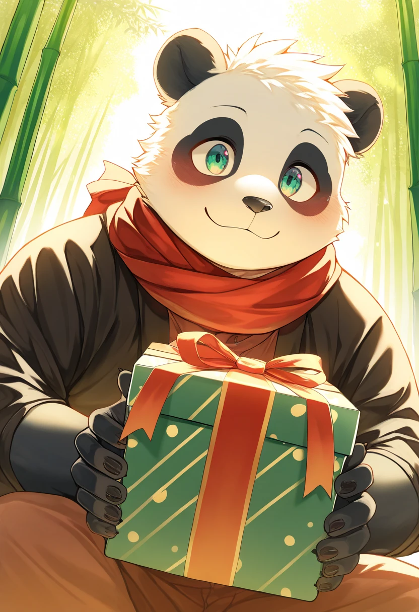 1boy, (furry, kemono:1.3), panda boy, animal nose, sunny_day, zoo_bamboo_forest, joyful_panda, opening_vividly_wrapped_gift_box, fresh_bamboo_shoots, face_lights_up_with_glee, big_eyes_wide_with_excitement, colorful_wrapping_paper, large_ribbon, scattered_around, natural_beauty, soft_sunlight, curious_onlookers, charming, humorous_moment, masterpiece, best quality, very aesthetic, absurdres