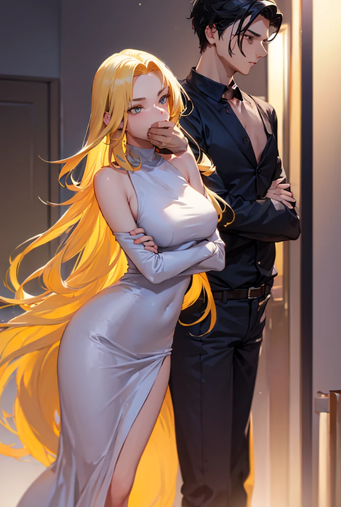 Man standing behind and covering girl's mouth with his hand  A very beautiful young woman with long yellow hair, wearing a long silver dress, (arms behind back:1.4)