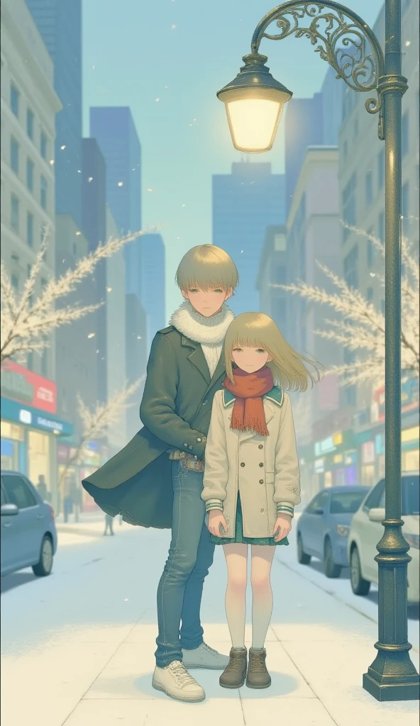 Romantic scene of a young couple on a New York street corner in winter. Handsome young man (wearing black trench coat and white scarf), embracing his beautiful girlfriend from behind. His girlfriend is wearing a red scarf and a beige trench coat. The scene is lit by warm golden light from a vintage style street lamp, snow falls gently around them, the background appears blurred by the twinkling city lights in a Christmas and New Year atmosphere, the two are quiet and intimate.
