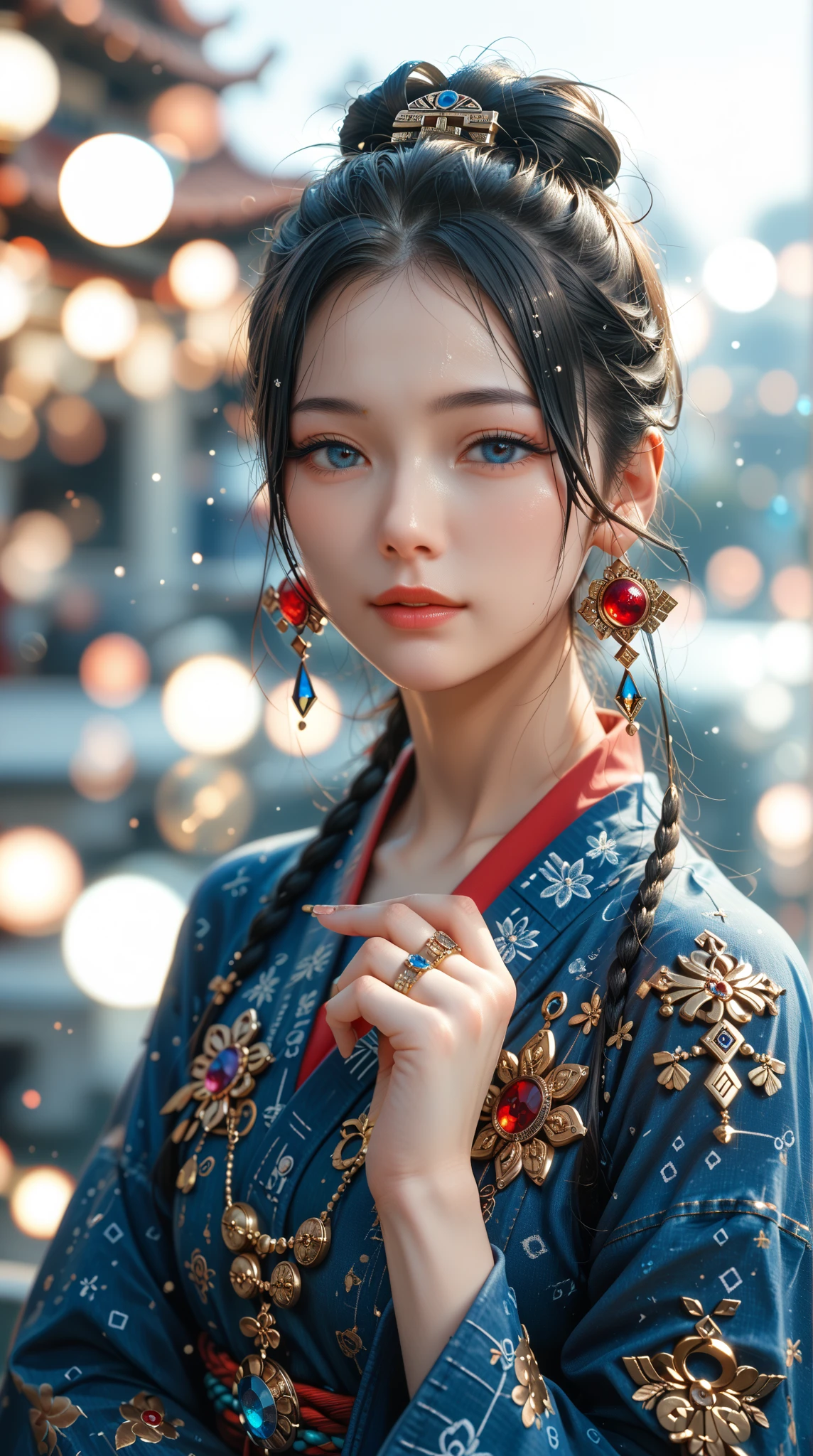 ((best best quality)), ((master masterpiece)), (Detail:1.4), 3D, A beautiful cyberpunk female image,HDR(high dynamic range),Ray Trace,nvidia rtx,The ultra-Resolution,Unreal 5,Subsurface scattering、pbr texturing、Postprocess、Anisotropic Filtering、depth offield、Maximum Clarity and Clarity、multilayer textures、Albedo and Specular map、Surface coloring、Mitsu-Accurate simulation of material interactions、Perfect Scale、octanerendering、Two-colored light、large aperture、low ISO、white balance、Rule of Thirds、8K RAW、Beautiful bright pupils,flowing robe,Fine pupils,Detailed face and eyes,long lashes,Blushlush,voluminous hair,
