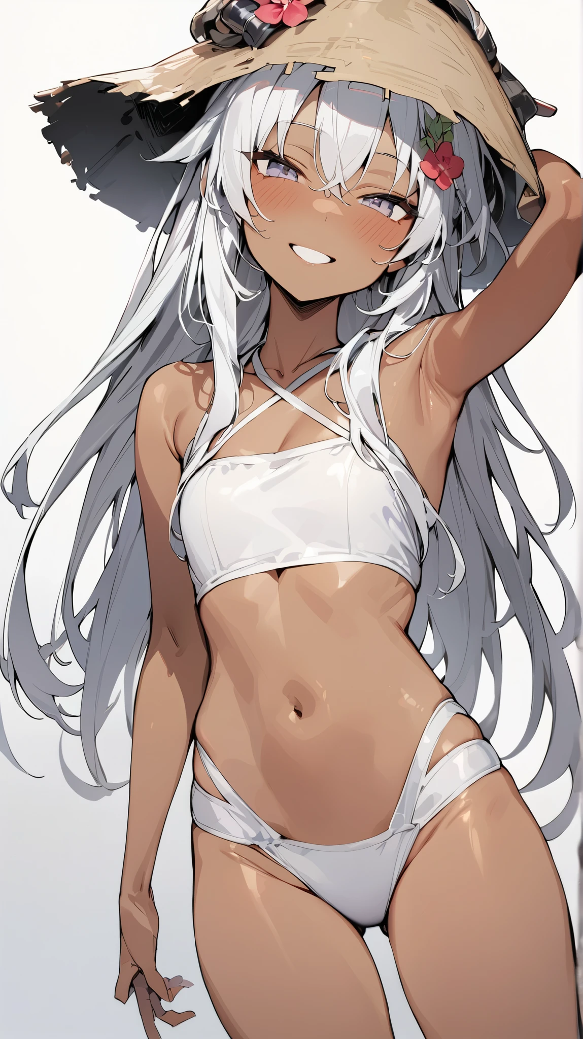 brown skinned, silver hair, nsfw, abs, flat-chested, defined muscle, dim forest
