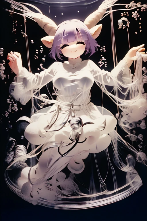  girl with white goat face,  plump body , break, ( purple hair), Straight bangs,  trimmed back hair ,  green eyes, White body, ( spiral black goat horns),  white goat ears ,  Big Breasts , Fluffy, smile, Sleepy face, Closed Eyes , small iris ,  Sister Outfit,  look up at viewers , break, Gold aurora , Curtain of light, Glowing Raindrops , bubbling soap bubbles ,  golden circle, church, evil, Expression that has faded, Sepia, faint coloring 