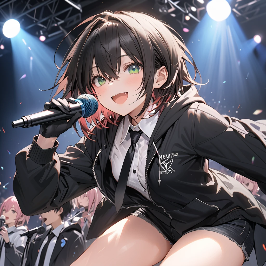 ( Perfect Anatomy), ((32K)), (( top quality )), ((超 high res)), (( high res)), ((超 high res)), ((Highly detailed CG)) , One Girl 、green eyes.smile, black hair, short hair with long locks,( small breasts:1.5),( white button shirt:1.5)、(black tie:1.5),(black long sleeve hoodie:1.5)、(Black gloves),( black denim hot pants),(Thighs:1.5),( singing with microphone :1.5:1.5)、 live stage、 cowboy shot、front,blanc \(Neptunia )\