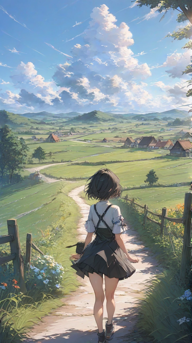 a farmer's field with damaged crops and frustrated farmers looking on((masterpiece,best quality,official art,unity 8k wallpaper, highres, (1girl:1.4),looking away,(breathtaking landscapes:1.2), natural wonders, serene vistas, outdoor exploration, (diverse ecosystems:1.2), scenic beauty, tree,castle,village,flowers,bridge,fence, (birds:1.2)