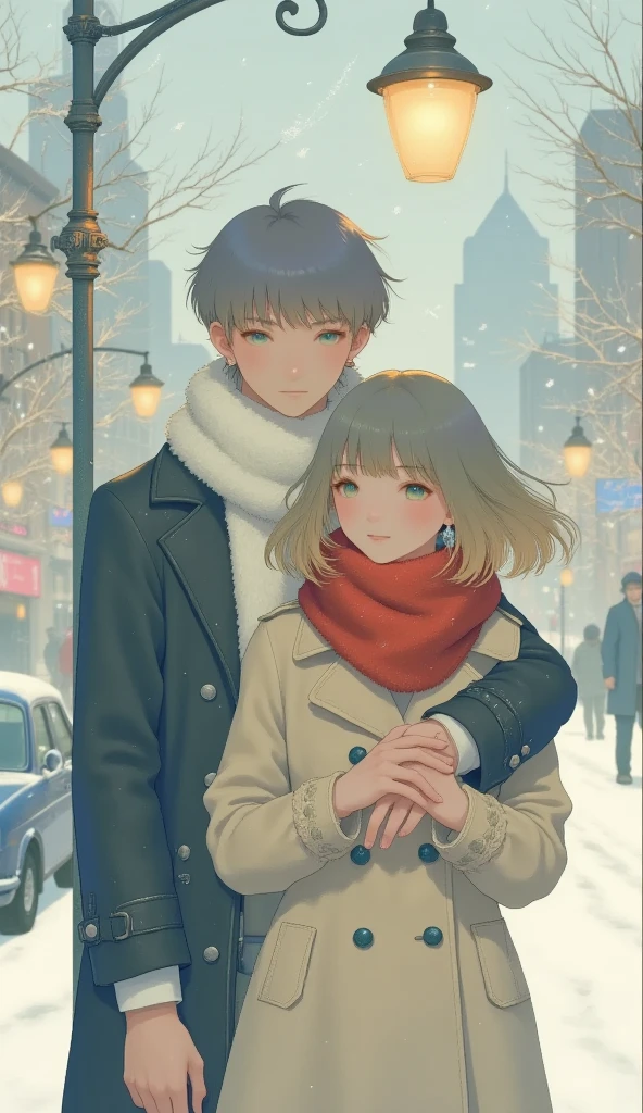 Romantic scene of a young couple on a New York street corner in winter. Handsome young man (wearing black trench coat and white scarf), embracing his beautiful girlfriend from behind. His girlfriend is wearing a red scarf and a beige trench coat. The scene is lit by warm golden light from a vintage style street lamp, snow falls gently around them, the background appears blurred by the twinkling city lights in a Christmas and New Year atmosphere, the two are quiet and intimate.
