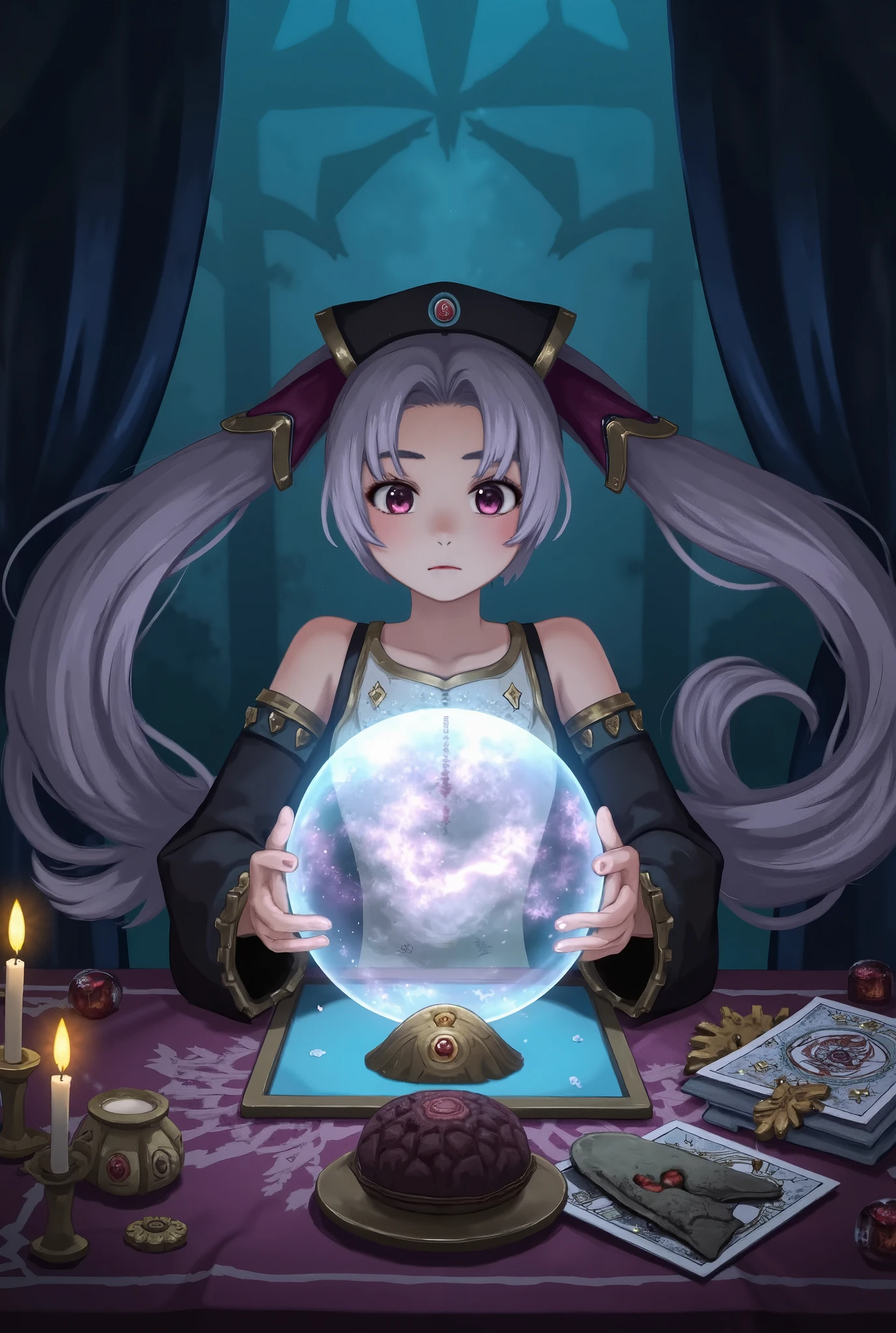 (masterpiece、 top quality 、 top quality 、 Official Art、 beautiful beautiful:1.2)、(1 person:1.3) Hatsune Miku 、 twin tails, Beautiful breasts ,  cute girl,d4rkc0mic .   an enigmatic fortune teller in a dim room  ,  her hands are crystal balls  .  her eyes are intense ,   she looks into the swirling fog in the glass  .   The table in front of her is littered with tarot cards,  candle, And a strange relic ,   and fills 、 she creates an atmosphere full of mystery  
  