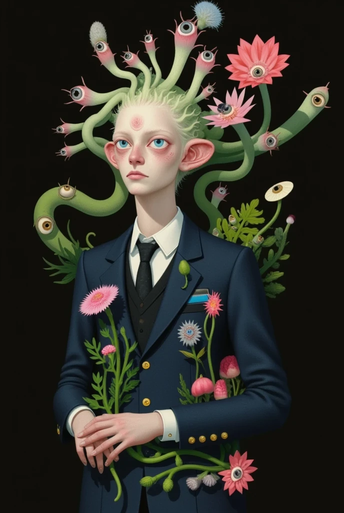 Strange objects and buildings on the head of a faceless person。Plants with eyes。Plants in suit pockets。Inspired by Medusa，The Third Eye