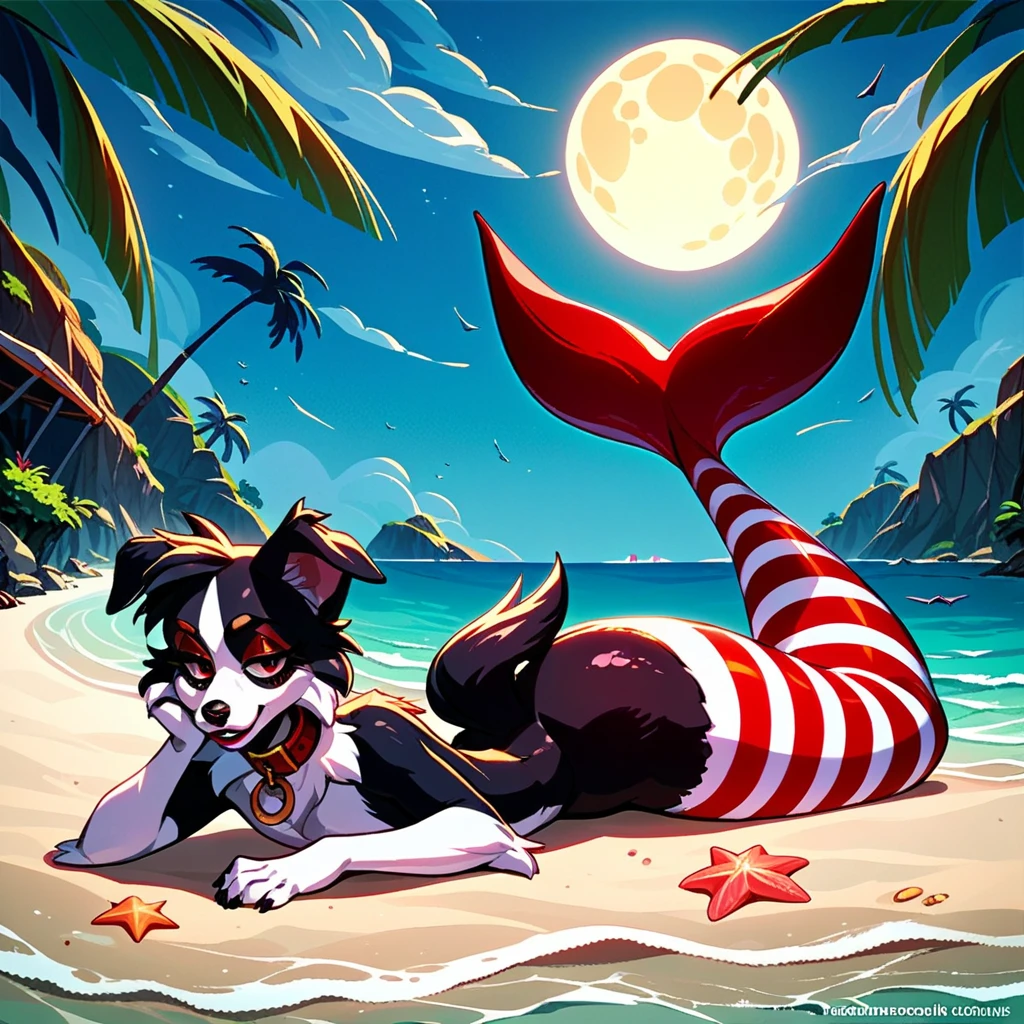 femboy, collie, striped stockings, collar, thighs, zPDXL , mermaid tail below wasitline, beach, night beach, moon, moonlight, red lips, red eyeshadow, lying on stomach, lying at beach,