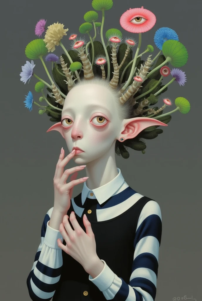 Strange objects and buildings on the head of a faceless person。Plants with eyes。Elf ears。Inspired by Medusa，The Third Eye