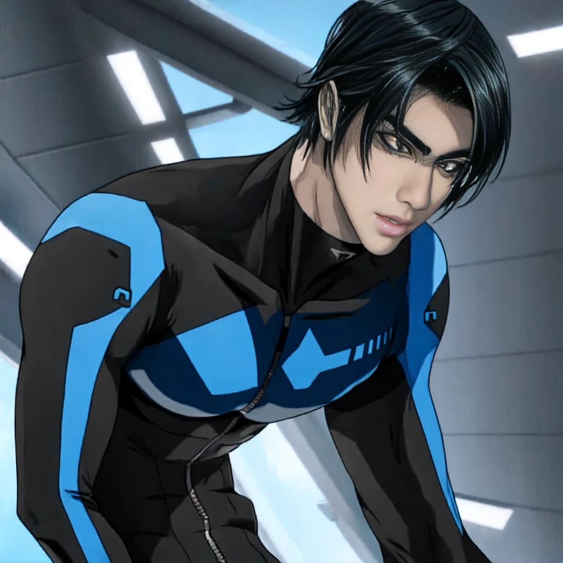   nightwingsuit, cute young man  ,   sexy body ,   tall  , Shiny black hair, upright, 