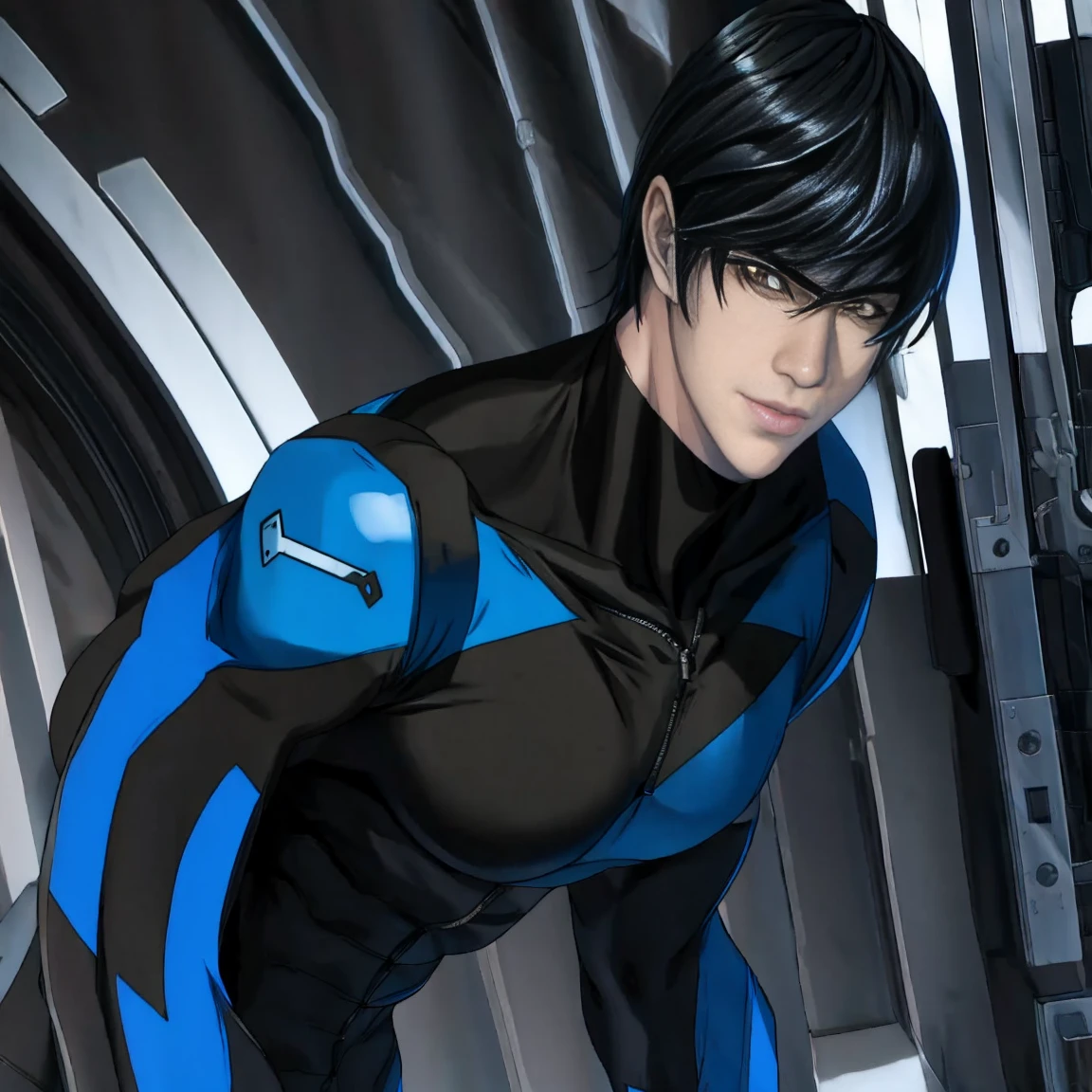   nightwingsuit, cute young man  ,   sexy body ,   tall  , Shiny black hair, upright, 