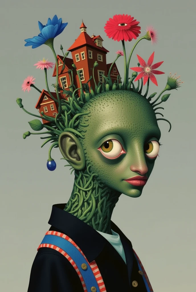 Strange things and houses on faceless people's heads。Plants with eyes。Inspired by Medusa，The Third Eye