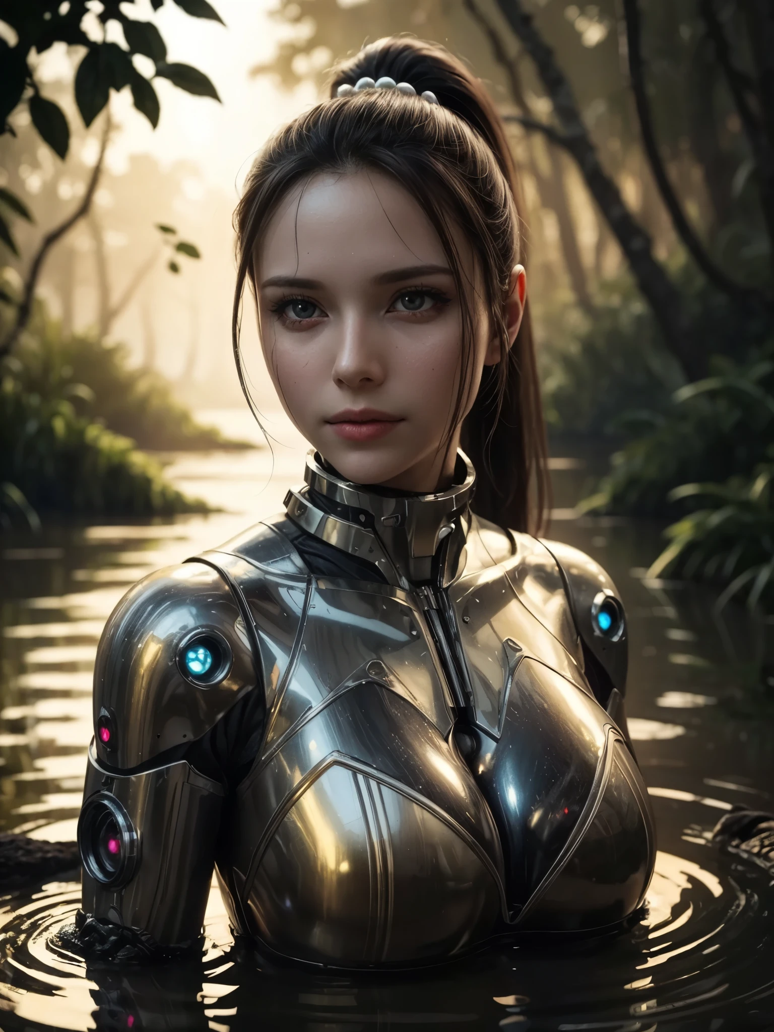 (best_quality, masterpiece:1.2), (highly detailed), (4k, 8k, uhd, high_resolution, highres), girl, sleek high-tech space suit, funnel collar, huge breasts, astronaut, led line ensemble, long hair, ponytail, looking at viewer, sharp focus, (close-up shot:0.6), (half-submerged in the swamp), (mud:1.2), trees, bushes, (dirty:1.2), concept art, absurd resolution, high resolution, masterpiece, hyper-detail, mech, cybernetics, cyborg, mechanical, tubes, wires, tech, mechanical joints, fire, mercury, pearls, nautilus, gold, dingdall effects, light and shadow instensification, virtual engine, studio lighting, fantasy atmosphere, vibrant colors, surface reflected light,