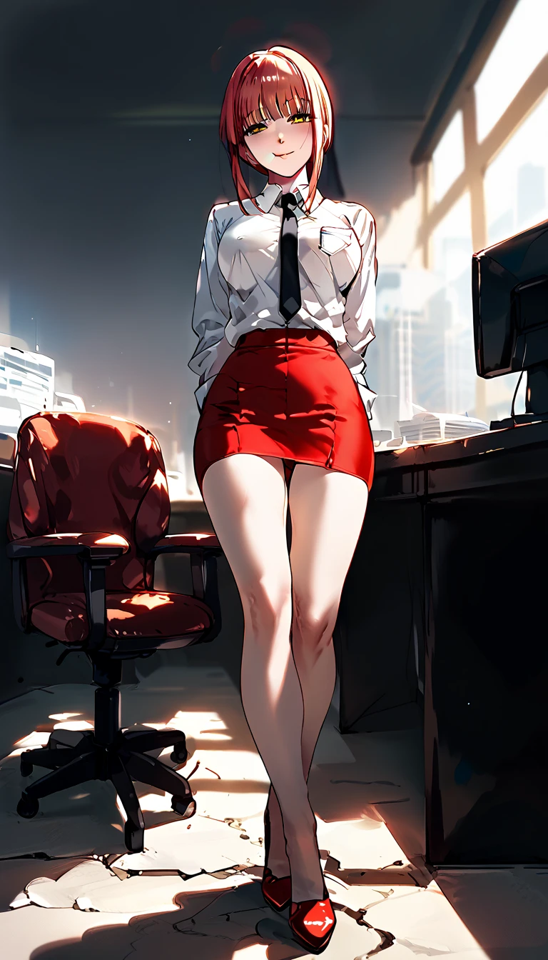 master quality,anime girl,detailed face,solo,full body,from below,legs focus,pixiv 3dcg, highest rating on pixiv, very beautiful anime,makima,red hair,white shirt,dark red bra,black necktie,(red sexy panties,bottomless,underwear),high heels,large breasts,pointy breasts,pale skin,construction,beautiful eyes,blonde eyes,standing,arms behind back,light smile,half closed eyes,looking viewer,office,office chair