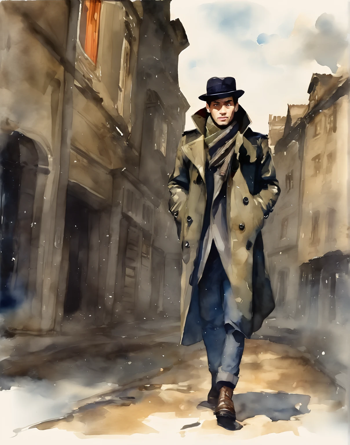 score_9, score_8_up, score_7_up, score_6_up, masterpiece, best quality, watercolor, man, solo, full body, trench coat, scarf trailing in the air, ushanka hat, fur hat, looking down, cold breath, night, dim, simple background,