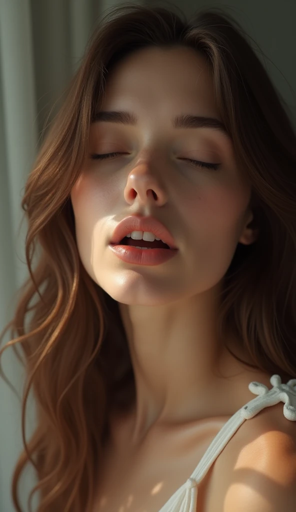 a close-up image of a sexy woman, 25 years old, eyes closed, moaning,edgOrgasm,face focus,woman with edgOrgasm_face, mouth wide open, realistic skin, super defined and contoured lip contour, tanned Skin, beautiful face, no makeup, no eyeliner, no eyelashes, (eyelashes not be visible), (should not be visible), moaning mouth, voluminous lips, small eyes, super defined and detailed eyebrows, extremely symmetrical face, Hair tied back, extremely fine details, Ultra defined realism, ultra HD 8K resolution, extremely realistic and detailed skin, no visible shadows, defined eyebrows, substance painter render, (Hair cannot be in front of the face), 8k, best quality, masterpiece, realistic, ultra detail, photo realistic, hyper realistic, smoother lighting, increase cinematic lighting quality, realistic lighting, backlighting, brightening light, Increase quality, best quality real texture skin, close-up, slender, mystical background