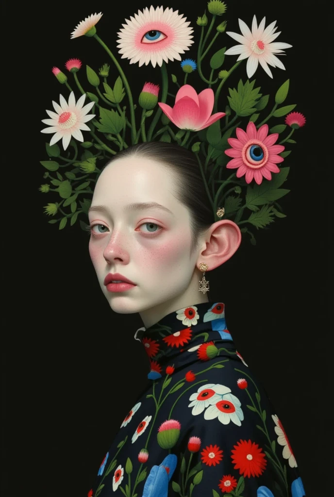 Portrait of a woman wearing a flower crown, By Lu Dongjun,  inspired by Ray Caesar , Ultra fine fantasy character , Shin Jin Hwi Art ,  magical realism bizarre art, inspired By Lu Dongjun, Doll Plant, james jean 和 wlop, Natalie Shaw Tom Bagshaw,  Japanese pop surrealism , james jean andrei riabovitchev