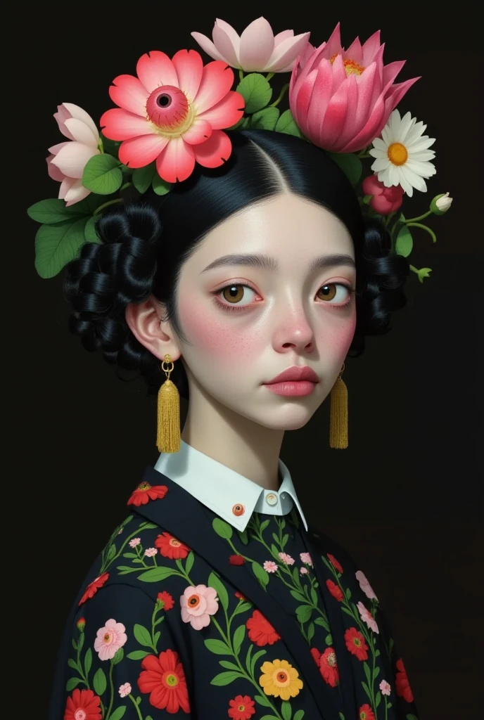 Portrait of a woman wearing a flower crown, Digital art by Russell Dongjun Lu ,   zbrush central competition winner  ,  pop surrealism, Ultra fine fantasy character , Shin Jin Hwi Art ,  magical realism bizarre art, Doll Plant, james jean 和 wlop, Natalie Shaw Tom Bagshaw, japanese  pop surrealism, james jean andrei riabovitchev