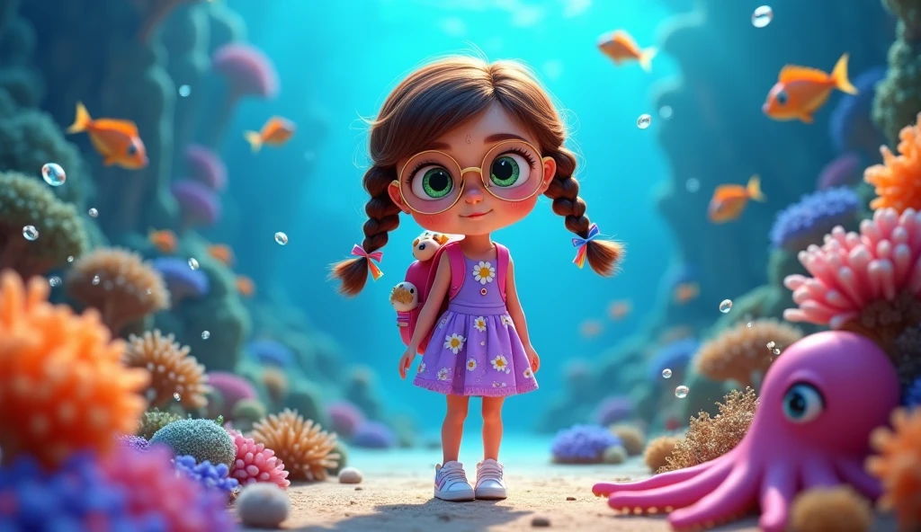 A wide-angle view of a an underwater clear scene, Mia is surrounded by glowing coral reefs and schools of colorful fish. A friendly octopus waves all eight arms, and bubbles float around her in the crystal-clear, magical ocean in 3D Disney Pixar style animation. Mia: "Mia is a girl with big green eyes, freckles, and wavy brown hair in two braids tied with colorful ribbons, She wears round spectacles. She wears a purple sundress with daisies and white sneakers. She has a pink backpack with a small stuffed bunny peeking out of the side pocket, animated in 3D Disney Pixar style.