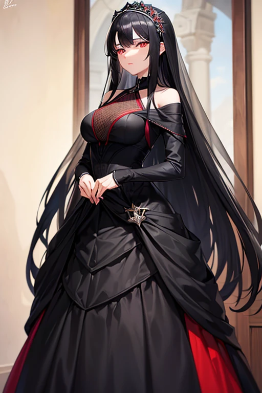 1 female, Black Hair, Big dark eyes, Delicate face, cute, Full-body portrait, Down to the shoes,Are standing,long hair,Black dress,Ultra HD, masterpiece, highest quality, Super detailed, Accurate