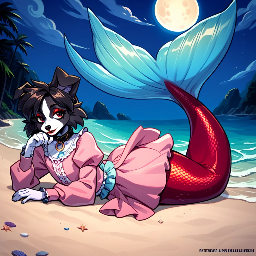 femboy, collie, blue striped stockings, collar, thighs, zPDXL , mermaid tail below wasitline, beach, night beach, moon, moonlight, red lips, red eyeshadow, lying on stomach, lying at beach, mermaid wear long belly dress, belly, belly dress long sleeve, pink dress, 