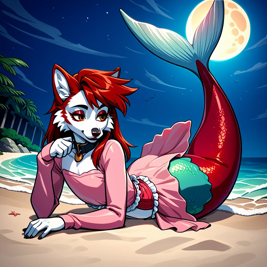 femboy, siberian husky, siberian husky ears, blue striped stockings, collar, thighs, zPDXL , mermaid tail below wasitline, beach, night beach, moon, moonlight, red lips, red eyeshadow, lying on stomach, lying at beach, mermaid wear long belly dress, belly, belly dress long sleeve, pink dress, 