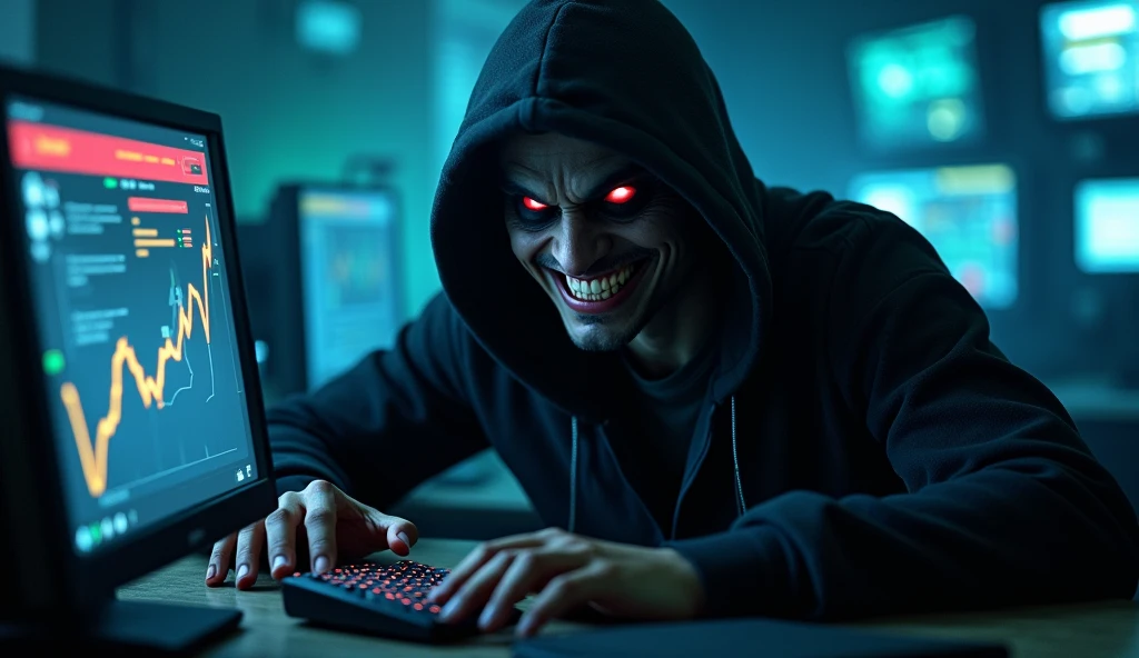 Finger touch big keyboard PC. Smile evil. In dark place. POV from finger shoot show smile evil face.